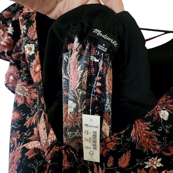 NWT Madewell Deep-V Ruffle Wide Leg Jumpsuit in Pampas Blooms Black Brown Sz. S - Picture 11 of 12